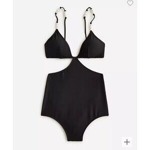 J. Crew NWT Ribbed Cutout One-Piece Swimsuit with Pearls  Black Size 14